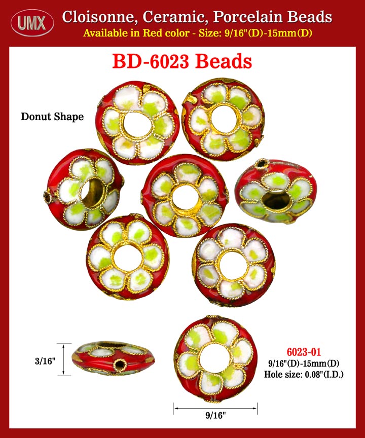 Cloisonne Floral Beads - Flat Red Color Enamel Flower Arts.