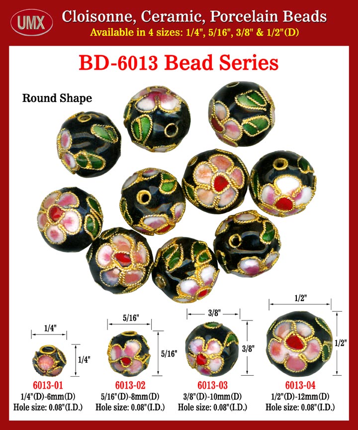 Cloisonne Necklace Beads - Round Black Enamel Flower Arts.