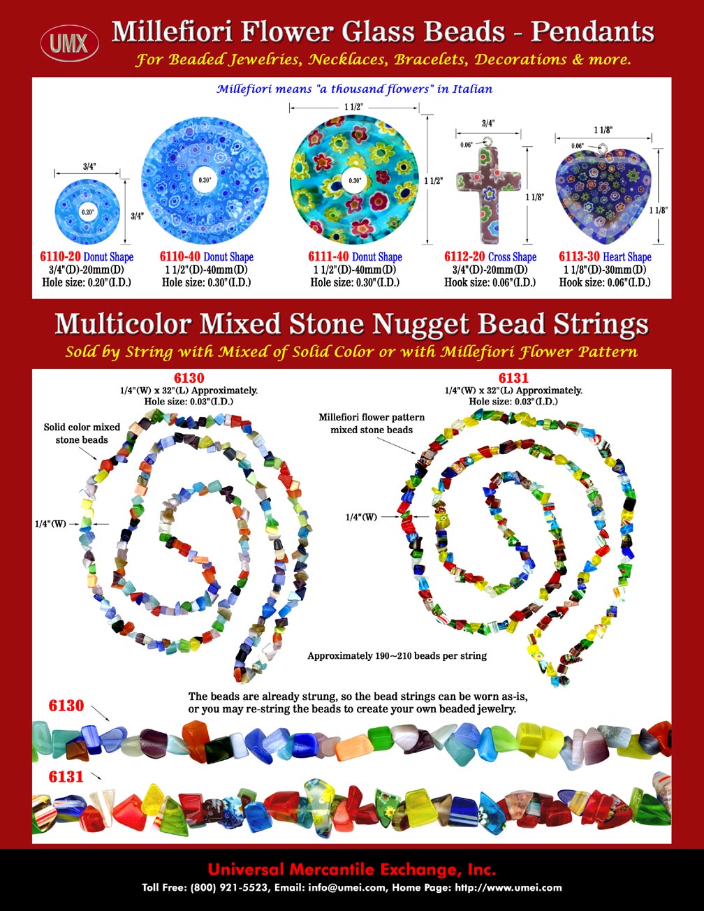 Eye catching wholesale semi-precious millefiori stone beads and wholesale multi-color stone beads come with mixed nugget and chip shape stone beads.
