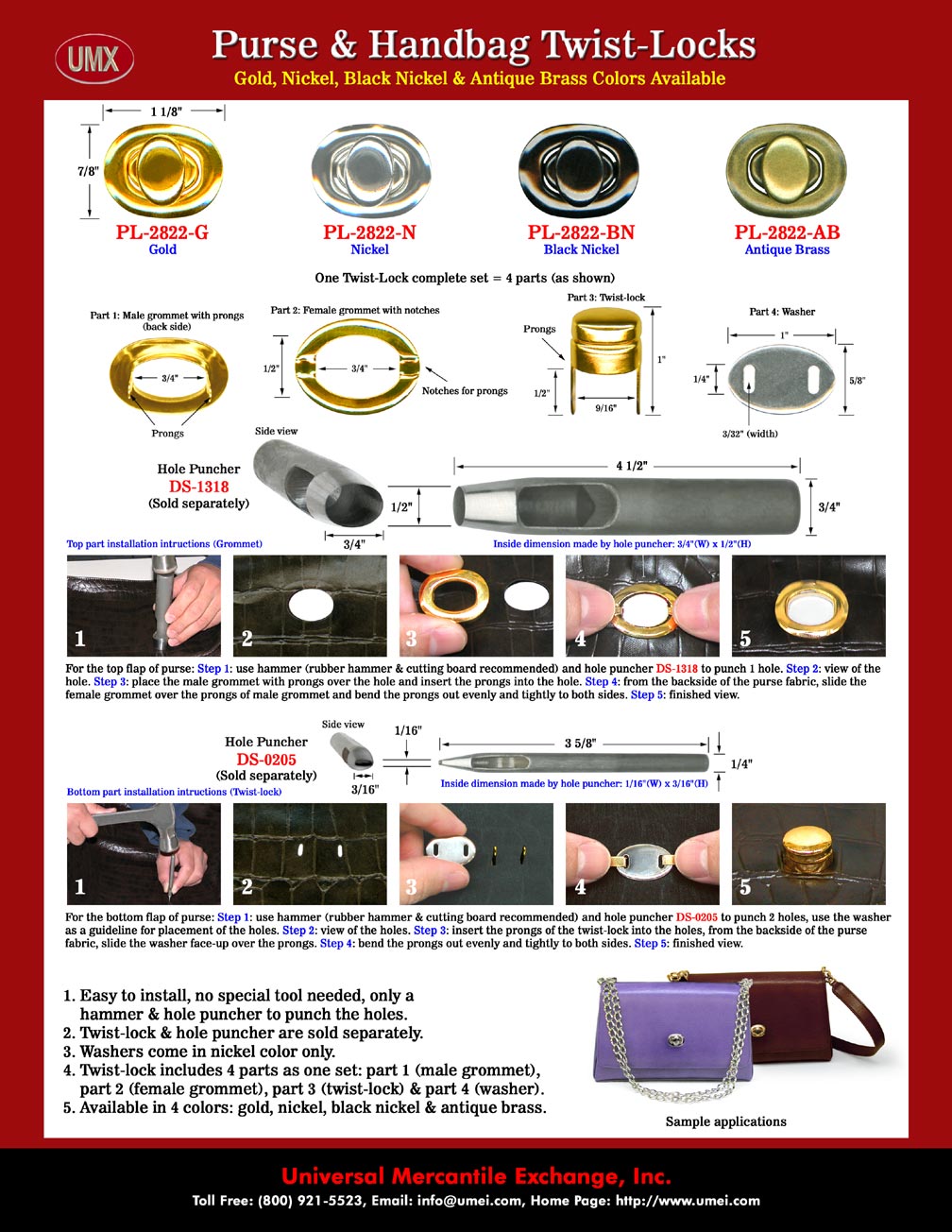 Purse, Bag and Handbag Lock Hardware: Gold, Antique Brass, Nickel and Black Nickel Twist Locks
