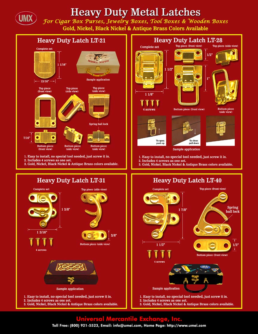 We make latch lock system for wood boxes, door, gate, cabinet, cigar box craft, jewerly box craft and cigar box purses latches.