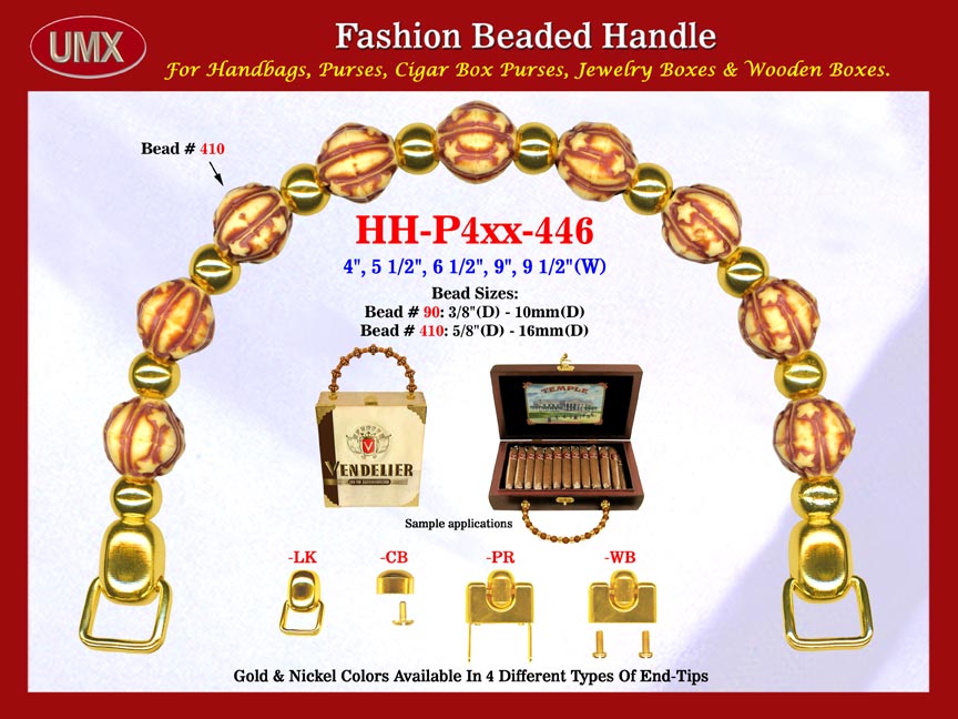 The wholesale handbag handles are fashioned from mixed walnut Bali beads, carved walnut beads and metal beads.