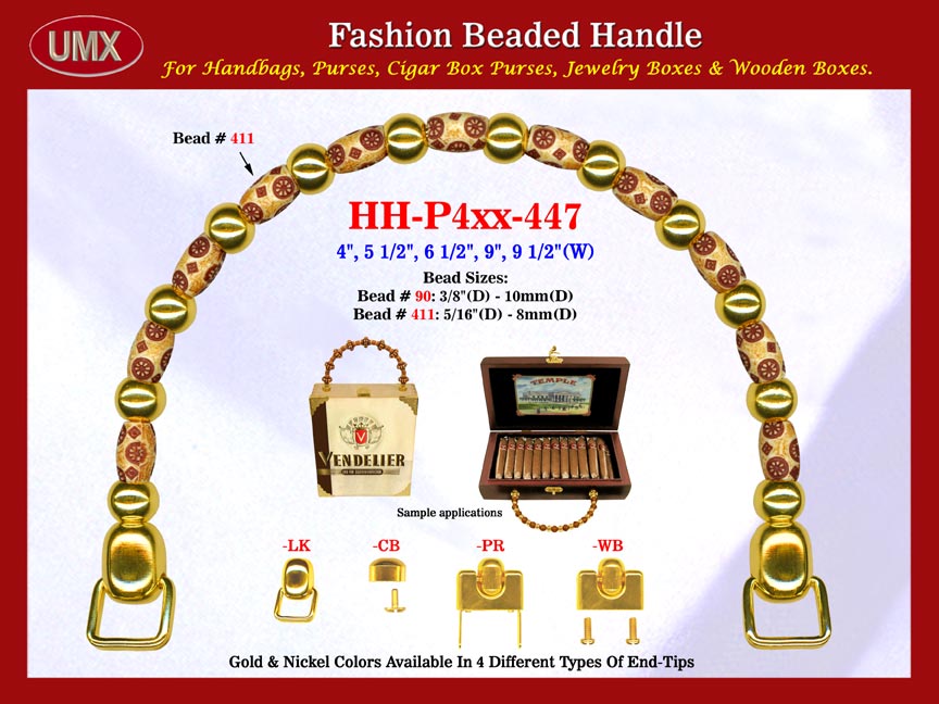 The wholesale handbag handles are fashioned from mixed carved barrel beads, flower drum Bali beads and metal beads.