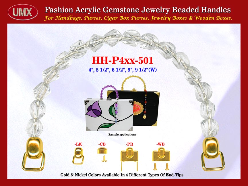 We are supplier of women's handbags making hardware accessories. Our wholesale women's handbag handles are fashioned from clear crystal beads.