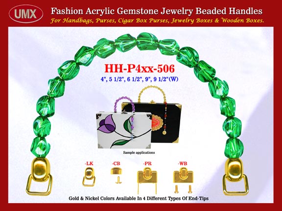 We are supplier of women's custom purse making hardware accessory. Our wholesale women's custom purse handles are fashioned from gemstone Emerald green beads - acrylic gemstone beads.