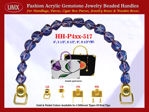 We are supplier of womens handmade handbags making hardware accessory. Our wholesale womens handmade handbag handles are fashioned from Sapphire gemstone beads - deep blue acrylic gemstone beads.