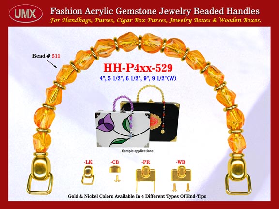 We are supplier of women's photo handbag making hardware supplies. Our wholesale women's photo handbag handles are fashioned from tangerine gemstone beads - acrylic tangerine beads.