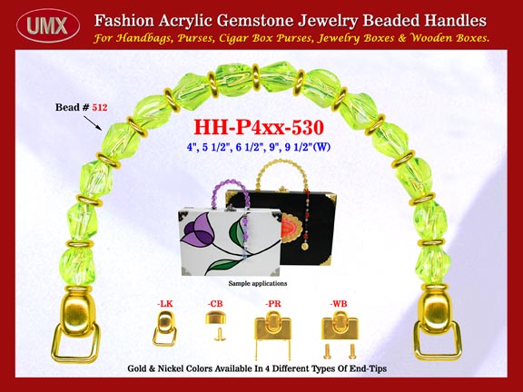 We are supplier of women's picture handbag making hardware supplies. Our wholesale women's picture handbag handles are fashioned from peridot gemstone beads - acrylic peridot beads.