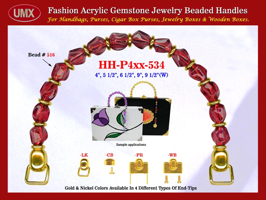 We are supplier of women's custom designed handbag making hardware supplies. Our wholesale women's custom designed handbag handles are fashioned from garnet gemstone beads - acrylic garnet beads.