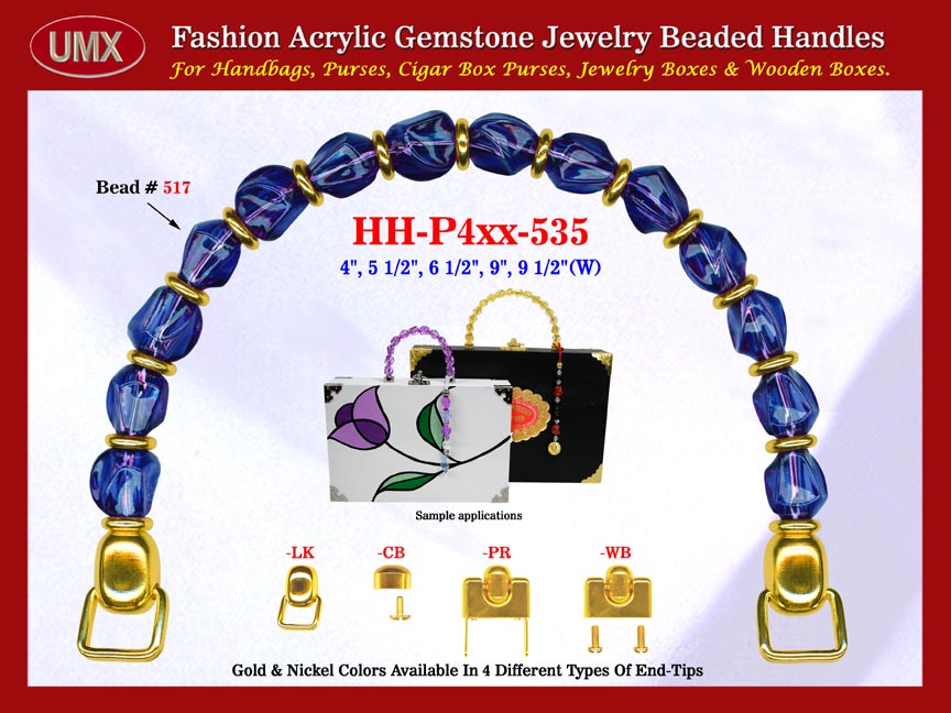 We are supplier of women's wedding handbag making hardware supplies. Our wholesale women's wedding handbag handles are fashioned from sapphire gemstone beads - acrylic sapphire beads.
