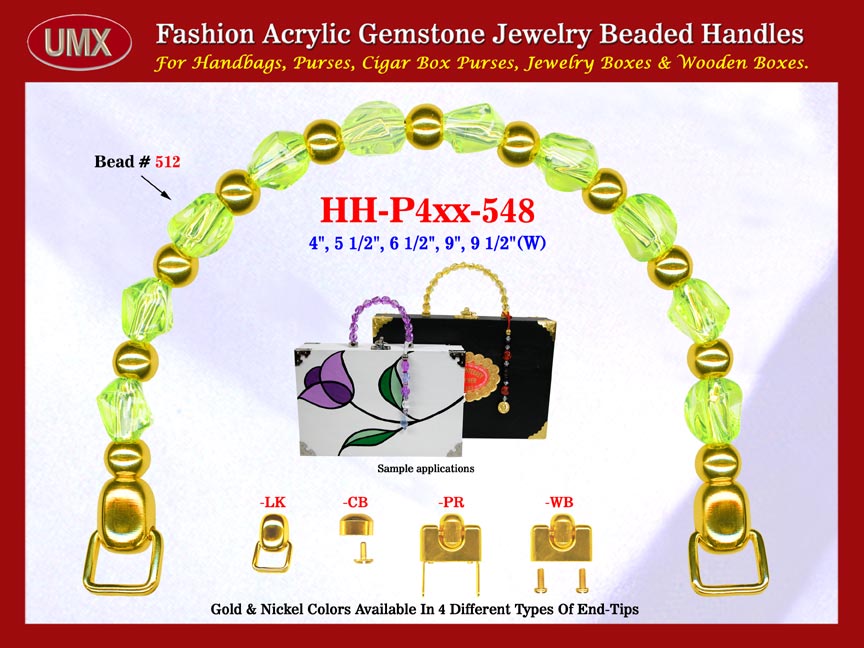 We are supplier of women's knitted handbag making hardware supplies. Our wholesale women's knitted handbag handles are fashioned from peridot jewelry beads - acrylic peridot beads.