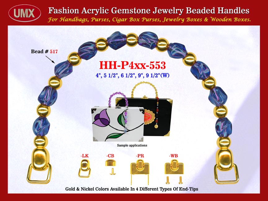 We are supplier of women's designer inspired handbag making hardware supplies. Our wholesale women's designer inspired handbag handles are fashioned from sapphire jewelry beads - acrylic sapphire beads.