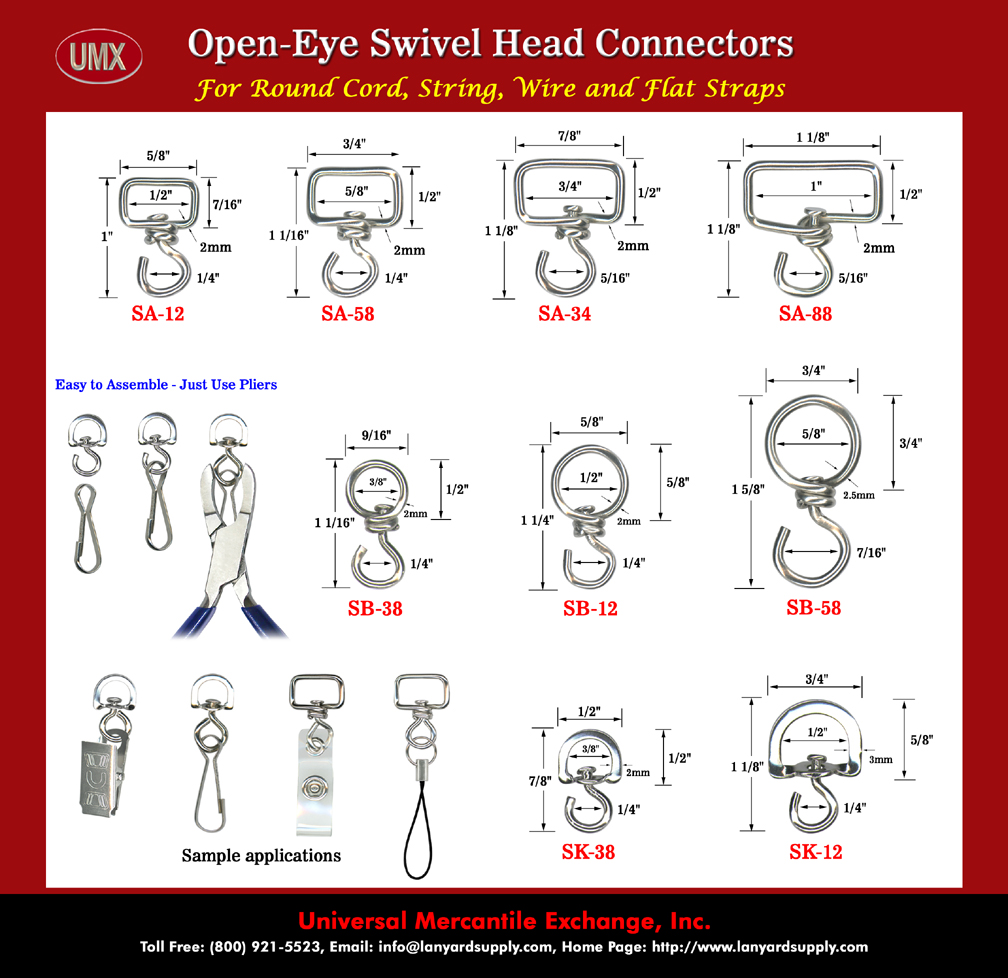 UMX Swivel Head Connector - For Round Cord, String, Wire and Flat Straps  With Open-Eye - For Easy Hook-Up