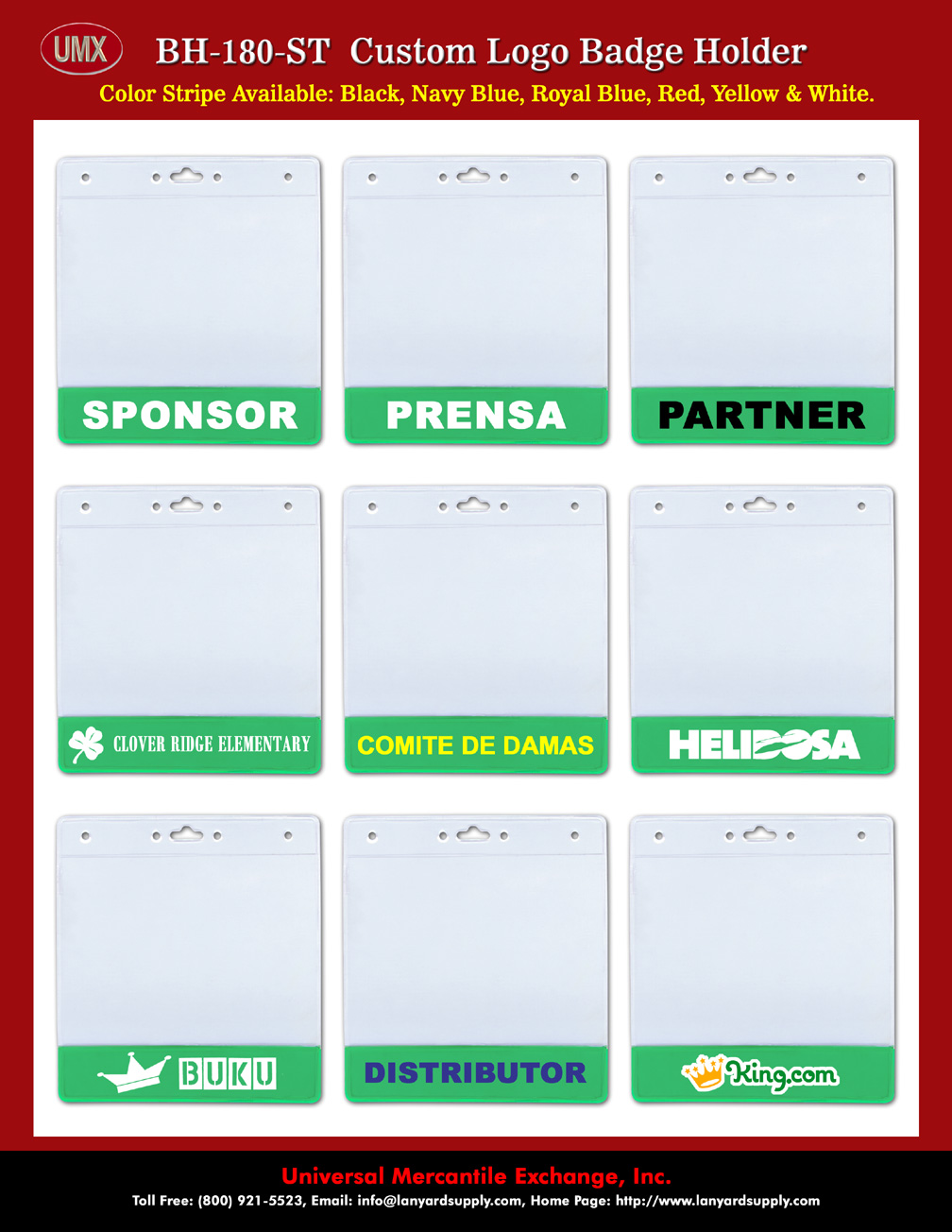 Custom Printed Exhibit Name Tag Holders With Green Color Stripes Production Smaples: SPONSOR, PRENSA, PARTNER, CLOVER RIDGE ELEMENTARY, COMITE DE DAMAS, HELIDOSA, BUKU, DISTRIBUTOR, king.com.