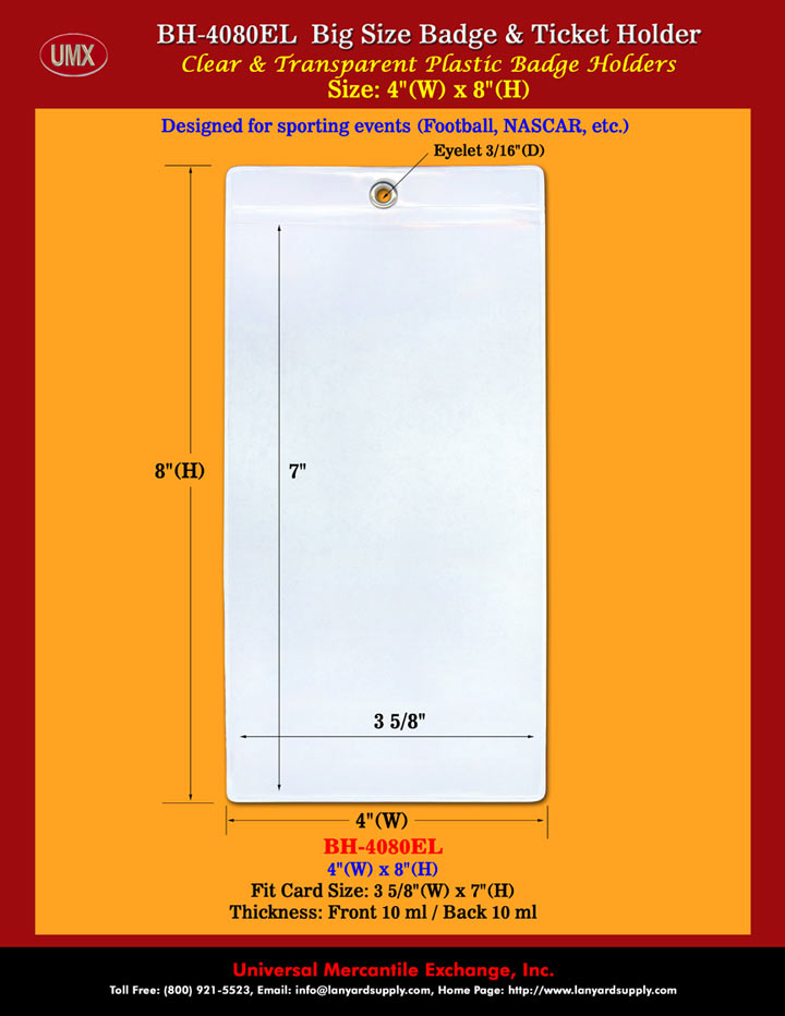 BH-4080E Re-Enhanced Vertical Badge Holder With Metal Eylet. Vertical Holder With Enhanced Metal Eyelet Great for pricing tags, trade show name badges or sports ticket. You can print your custom message or sporting advertisement on the eyelet holder too. 