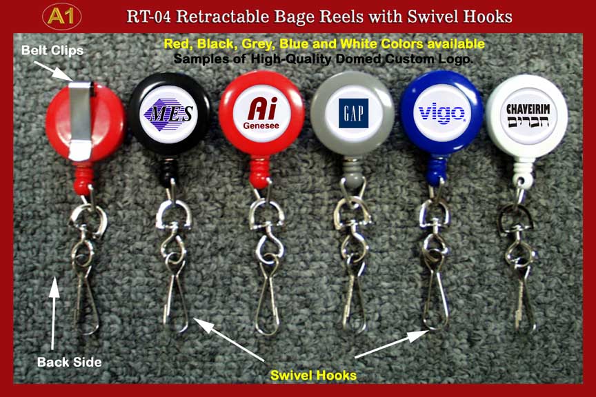 Featuring silk screen imprinted,  swivel hooks 
attachments, belt clips, logos filled with clear epoxy domed cover.