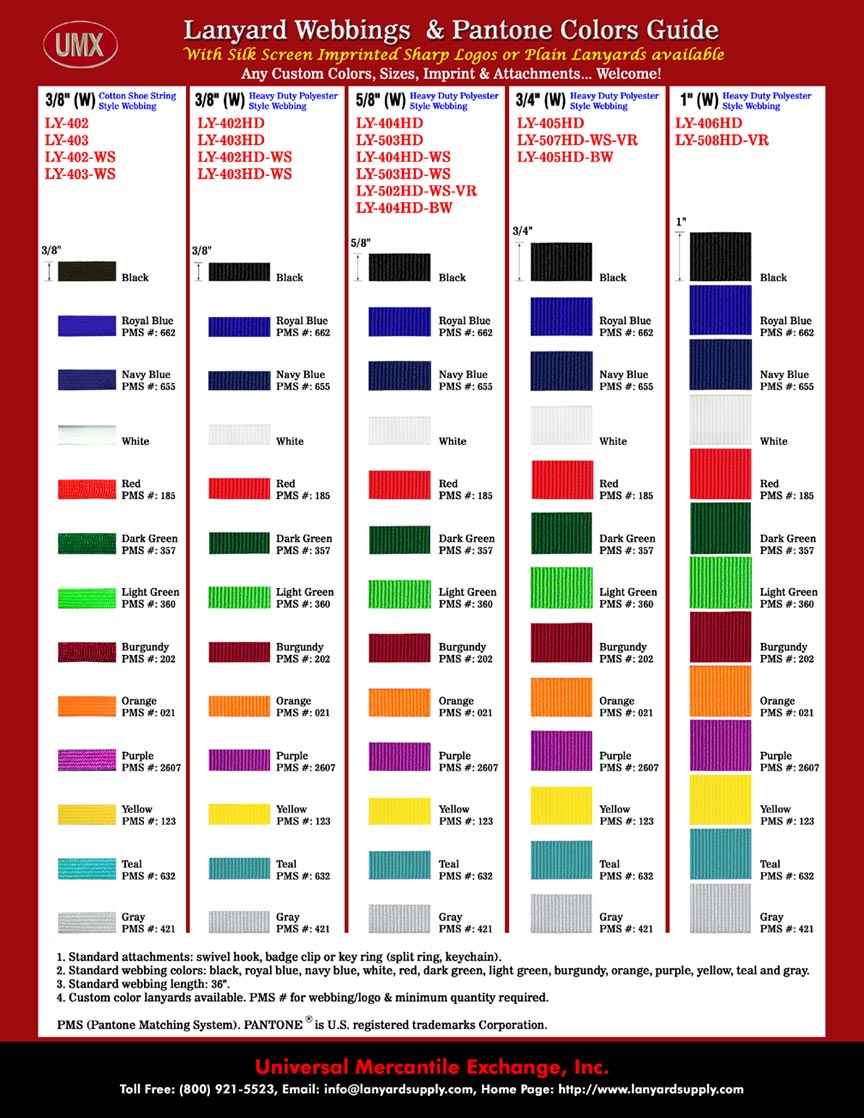 Lanyard Strap PMS Color ( Pantone Matching System ) - Color Straps Reference Guide.