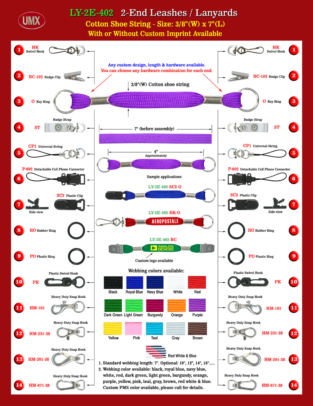 The 3/8" cotton style flat strap 2-end lanyards have 13 colors available.