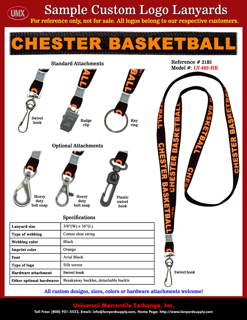 3/8" Custom Printed Lanyards: CHESTER HIGH SCHOOL BOYS BASKETBALL Lanyards - Black Color Cotton Lanyard Straps Imprinted with Orange Color Logo.