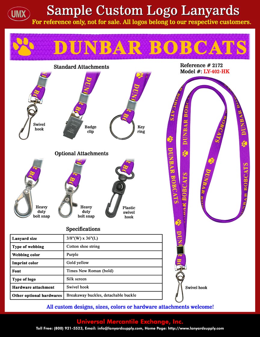 3/8" Custom Printed Lanyards: DUNBAR BOBCATS Lanyards - Dunbar Magnet Middle School Lanyards or Paw Print Lanyards come with Purple Cotton Lanyard Straps Imprinted with Gold Color Paw Print Logo.