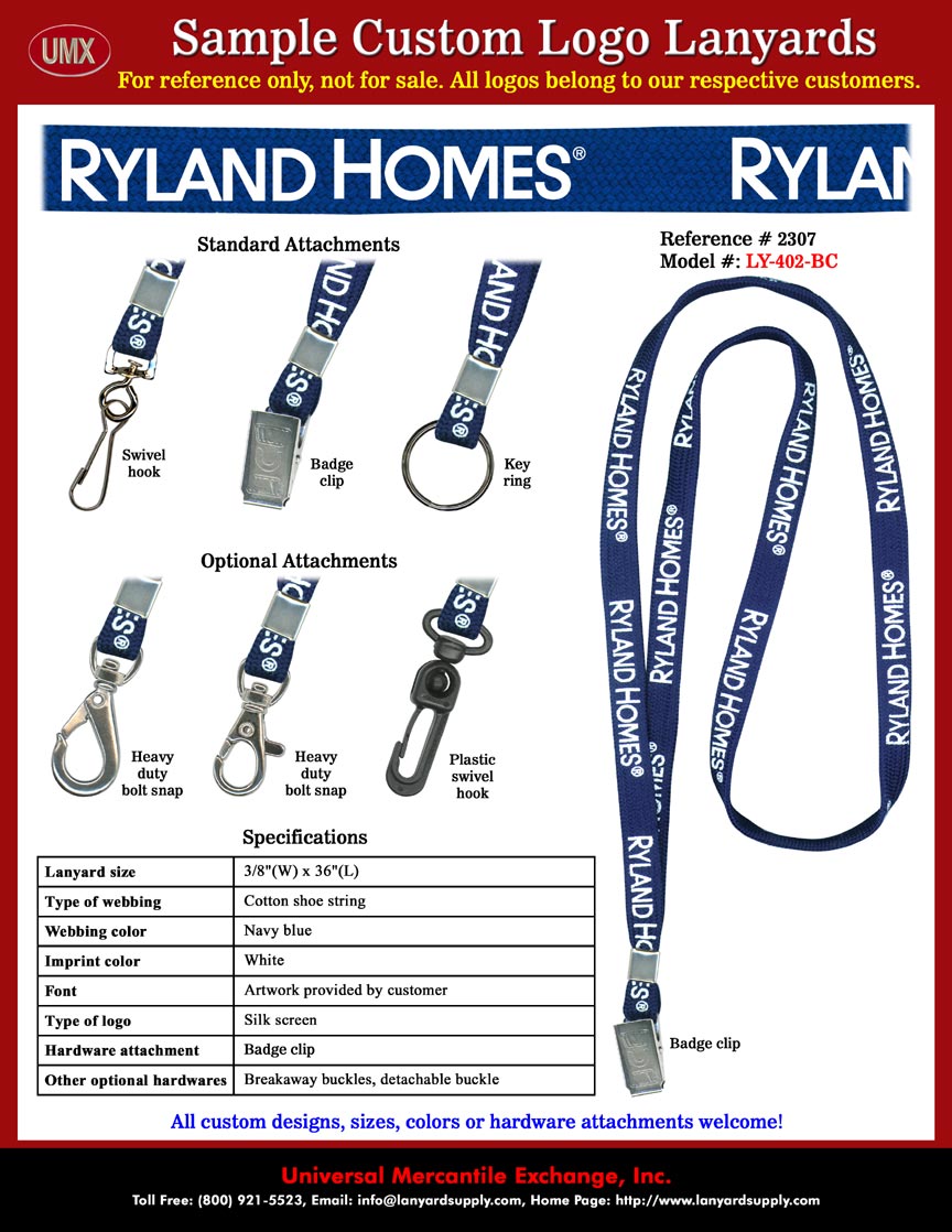 3/8" Custom Printed Lanyards: Ryland Homes and Ryland Mortgage Company Lanyards - Home Builder Lanyards - Navy Blue Color Cotton Lanyard Straps Imprinted with White Color Logo.
