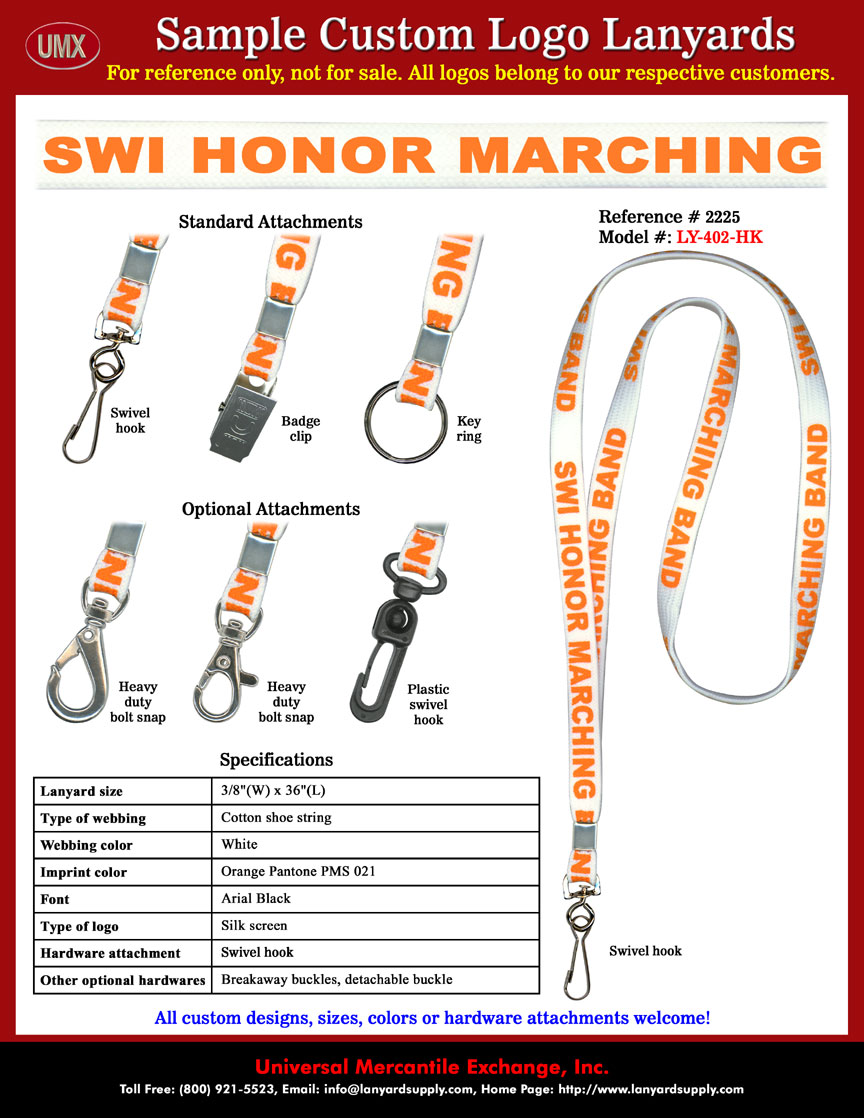 3/8" Custom Printed Lanyards: Southwest Iowa Honor Marching Band Lanyards - White Color Cotton Lanyard Straps Imprinted with Pantone PMS 021 Orange Color Logo.