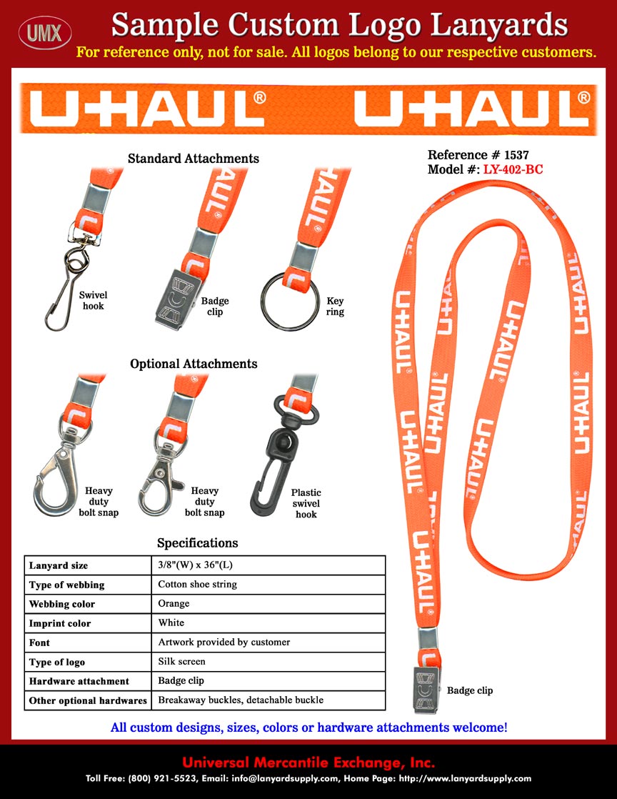 3/8" Printed Custom Lanyards: UHAUL Lanyards - U-HAUL Moving and Storage Supplies Orange Color Cotton Lanyard Straps Imprinted with White Color Logo.