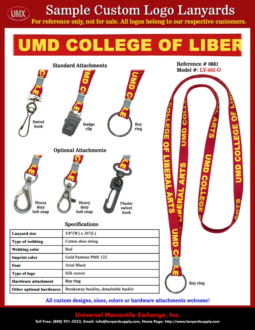 3/8" Custom Printed Lanyards: The University of Minnesota Duluth - UMD COLLEGE OF LIBERAL ARTS Lanyards - Red Color Cotton Lanyard Straps Imprinted with Pantone PMS 122 Gold Color Logo.