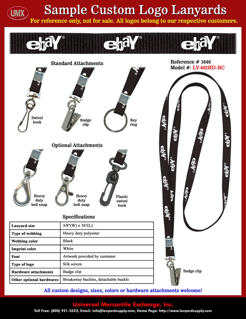 3/8" Printed Custom Lanyards: ebay Lanyards - Black Color Lanyard Straps Imprinted with White Color ebay Trademark.