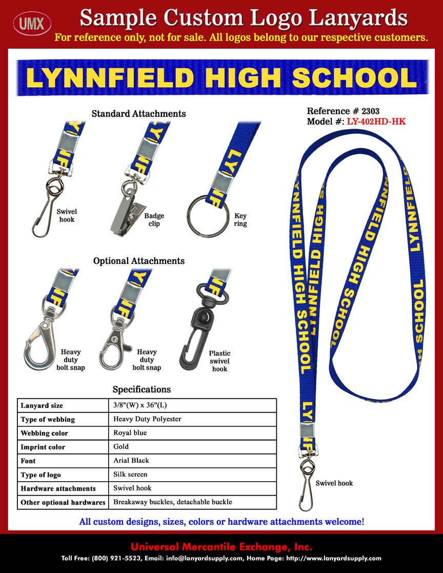 3/8" Custom Printed Lanyards: LYNNFIELD HIGH SCHOOL Lanyards - Royal Blue Lanyard Straps Imprinted with Gold Color Logo.