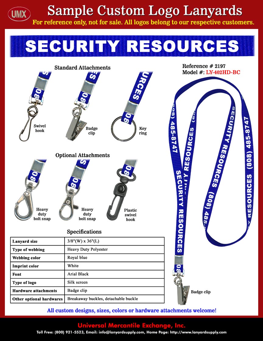 3/8" Printed Custom Lanyards: SECURITY RESOURCES + Business Phone Number Lanyards - Royal Blue Lanyard Straps Imprinted with White Color Logo.