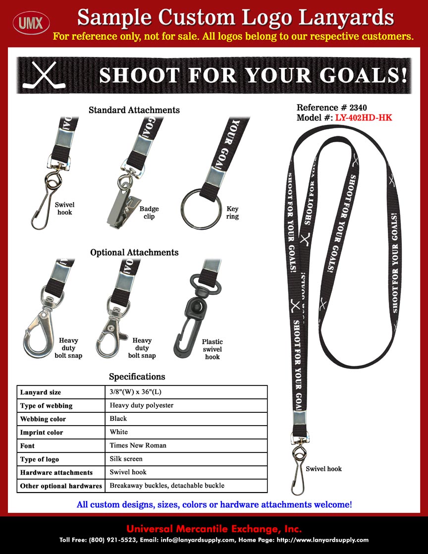 3/8" Printed Custom Lanyards: Hockey Team Players Goal Inspiration - SHOOT FOR YOUR GOALS Lanyards - Black Color  Lanyard Straps Imprinted with White Color Logo.