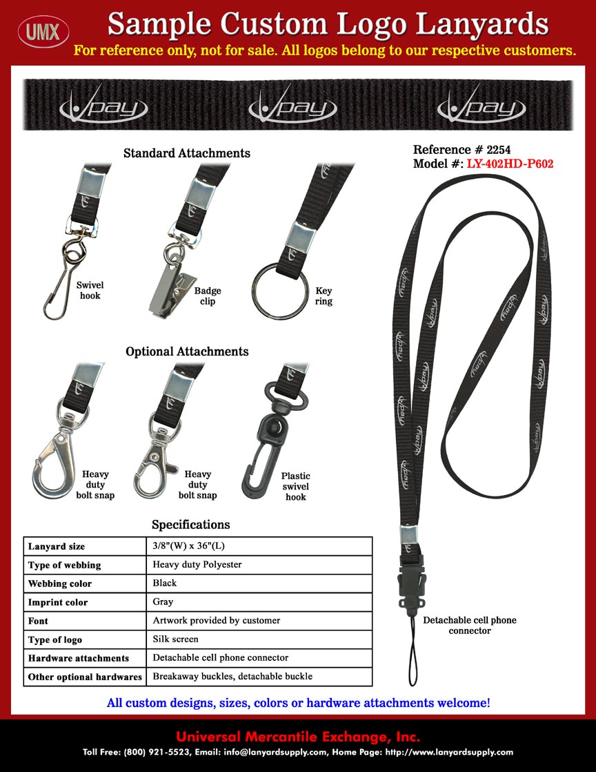 Vpay Lanyards - Detachable Cell Phone Straps/Strings: Black Lanyard Straps Imprinted with White Color Logo.