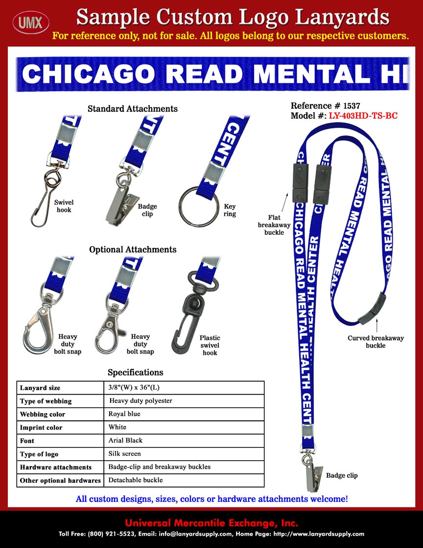 Chicago-Read Mental Health Center (CRMHC): Custom safety Breakaway Lanyards with Three Breakaway Buckles Installed - Royal Blue Color Lanyard Straps With White Color Logo Imprinted.