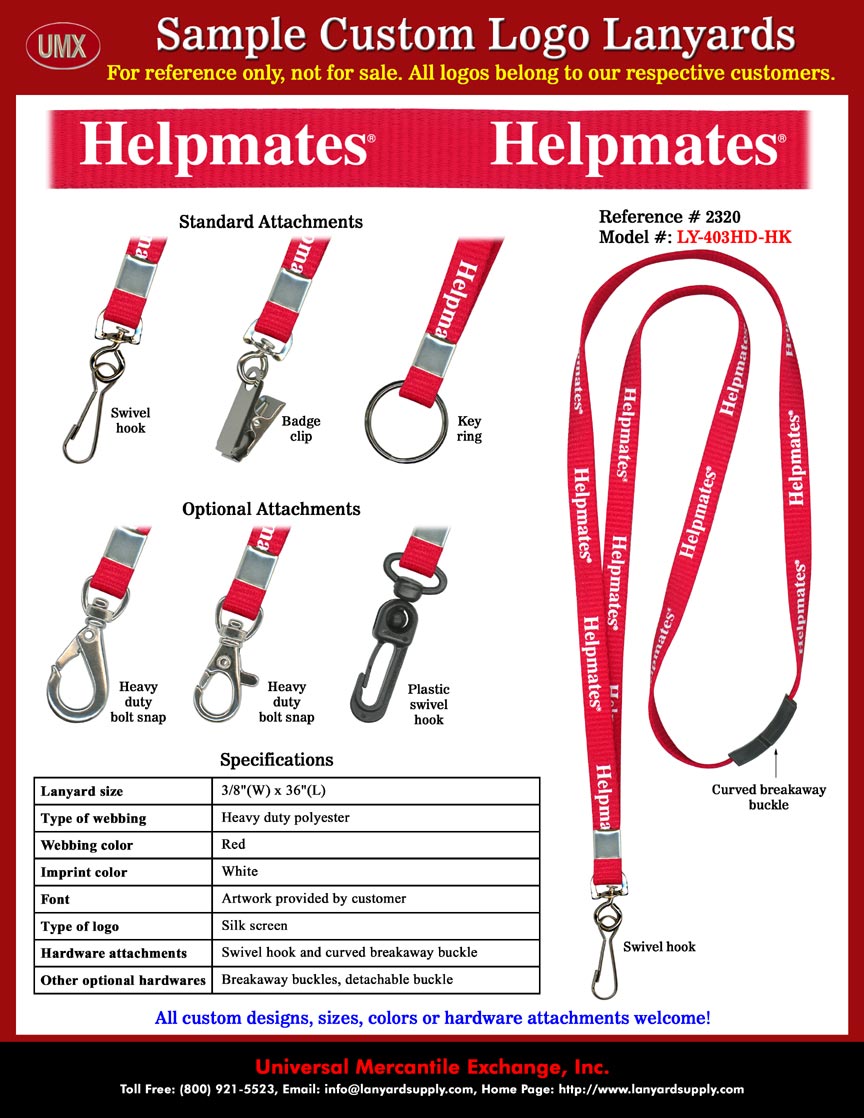3/8" Custom Printed Safety Lanyards. Helpmates Staffing Services Lanyards - Red Color Lanyard Straps With White Color Logo Imprinted Safety Breakaway.