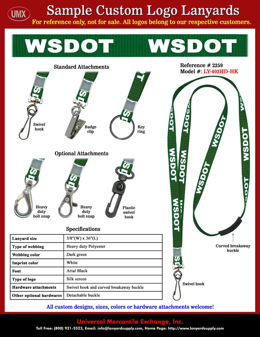 3/8" Custom Printed Safety Lanyards: Washington State Department of Transportation- WSDOT Safety Lanyards - Dark Green Color Lanyard Straps With White Color Logo Imprinted.