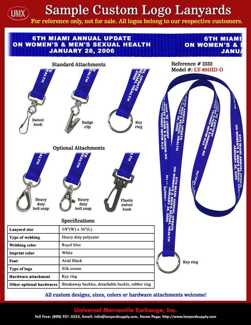 5/8" Printed Custom ID Badge Holder Lanyards: South Florida Medical Research Center - 6TH MIAMI ANNUAL UPDATE ON WOMEN'S & MEN'S SEXUAL HEALTH JANUARY 28, 2006 Conference Lanyards - with Royal Blue Color Lanyard Straps and White Color Logo Imprinted.