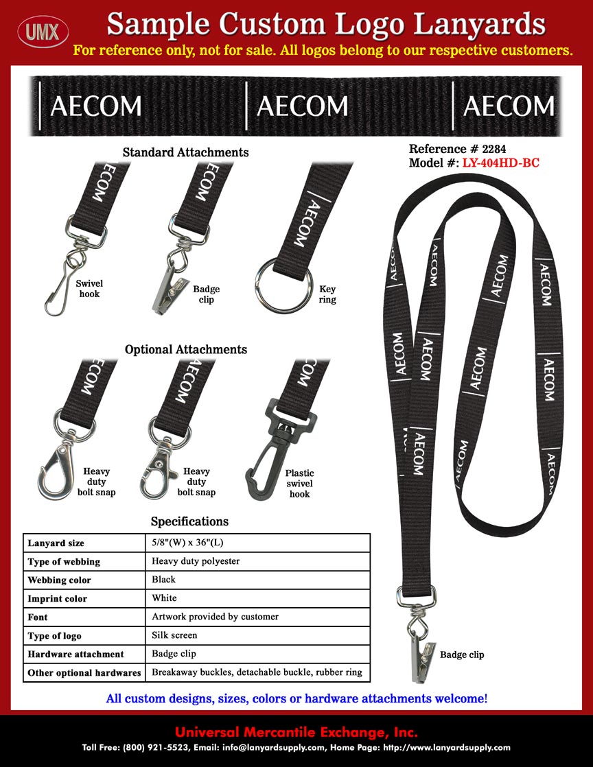 5/8" Imprinted Custom Lanyards: AECOM - Technical Professional Services Industry Lanyards - Black Color Lanyard Straps Imprinted with White Color Logo.