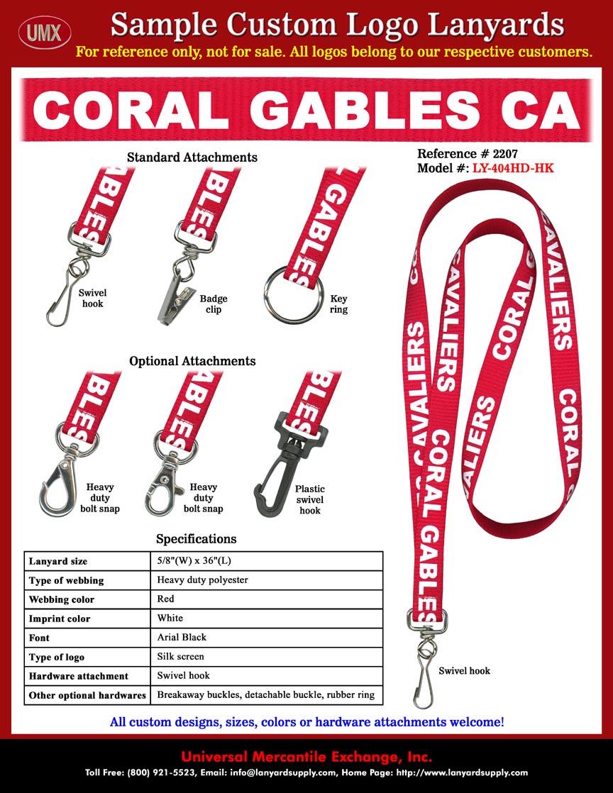 5/8" Custom Printed: Florida Coral Gables Cavaliers High School Lanyards: Red Color Lanyard Straps Imprinted with white Color Logo.