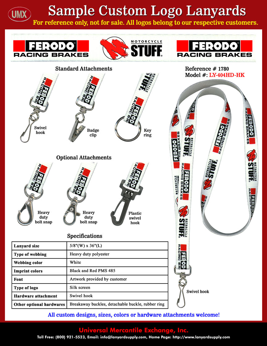 5/8" Custom Printed: Ferodo Racing Brakes - Motorcycle Stuff Corporate Lanyards.