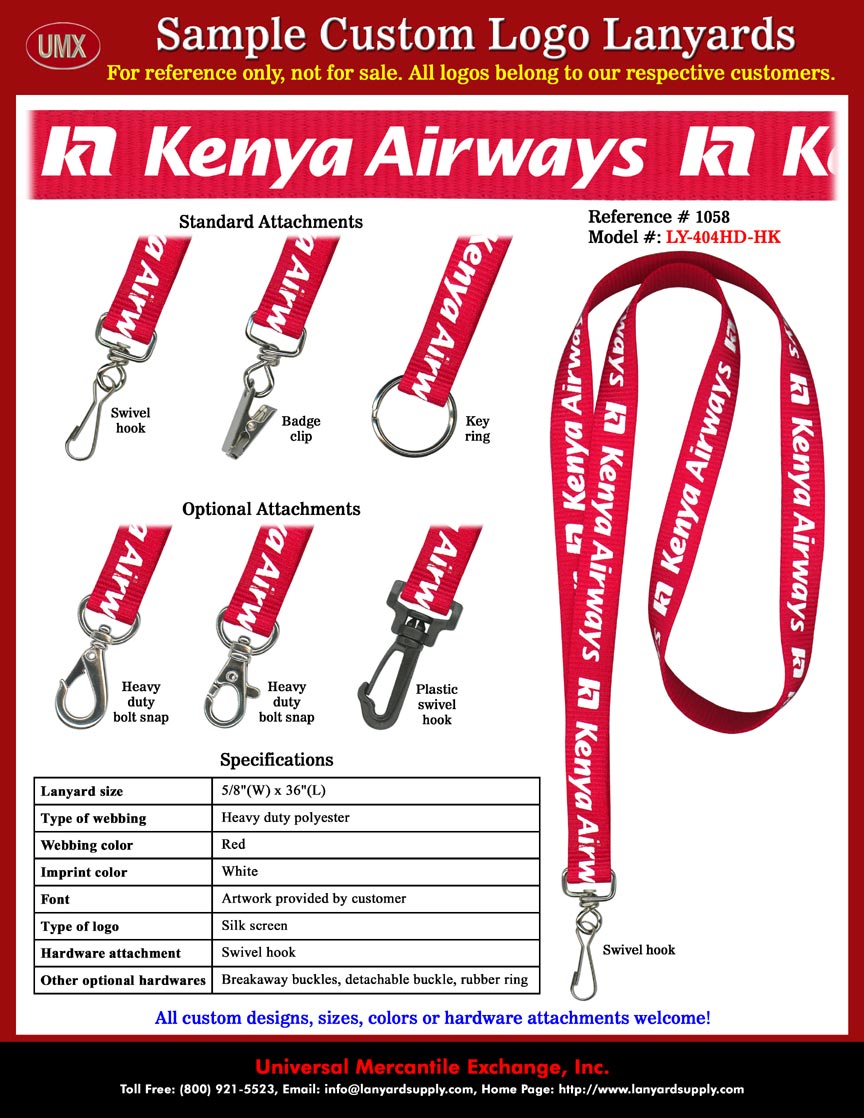 5/8" Custom Printed: Kenya Airways Premier World Passengers Travel And Cargo Service Lanyards.