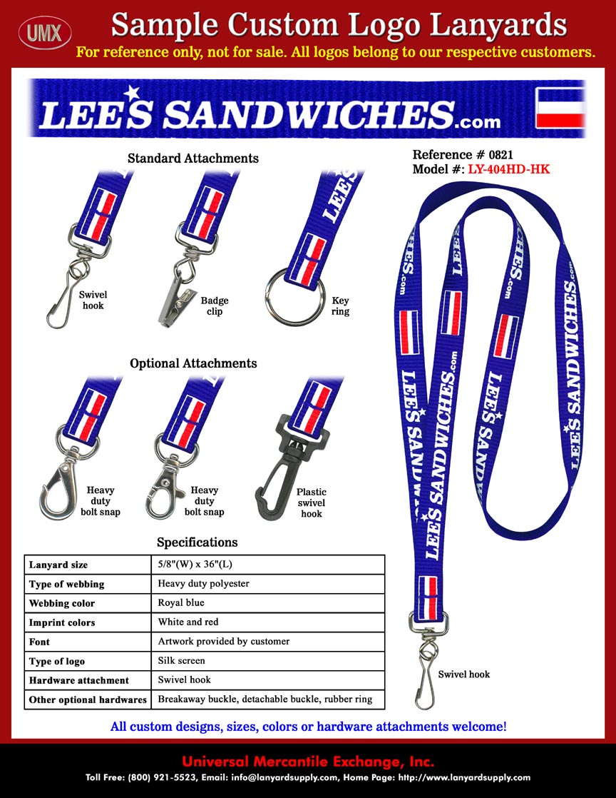 5/8" Custom Printed Lanyards: LEE'S SANWICHES Lanyards - With LEESSANWICHES Dot Com Web Address and Vietnam Flag Color Imprinted.