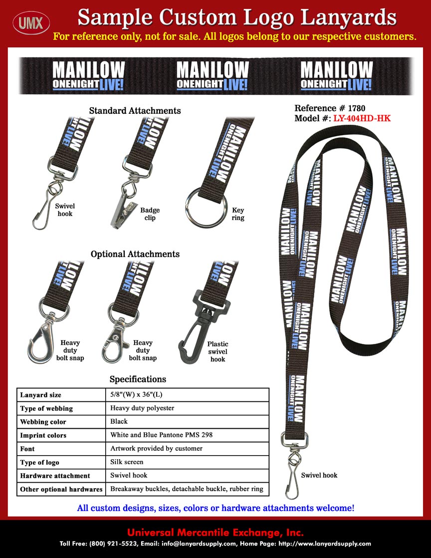 5/8" Printed Custom Concert Lanyards: Barry Manilow Music Shows: MANILOW ONENIGHT LIVE! Lanyards For Back Stage Staff Passes, Concert Fans or Free Giveaway - Black Color Lanyard Straps with White and Pantone PMS 298 Blue Color Logo Imprinted.