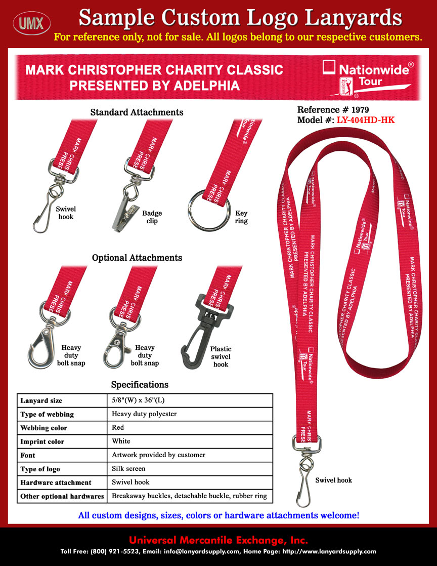 5/8" Printed Custom Lanyards: Nationwide Tour - PGA Golf Tournament Lanyards: MARK CHRISTOPHER CHARITY CLASSIC PRESENTED BY ADELPHIA.