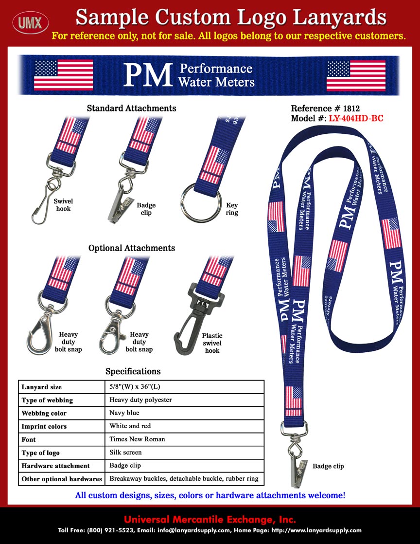 5/8" Custom Printed Lanyards: PM - Performance Water Meters Lanyards with American Flags.