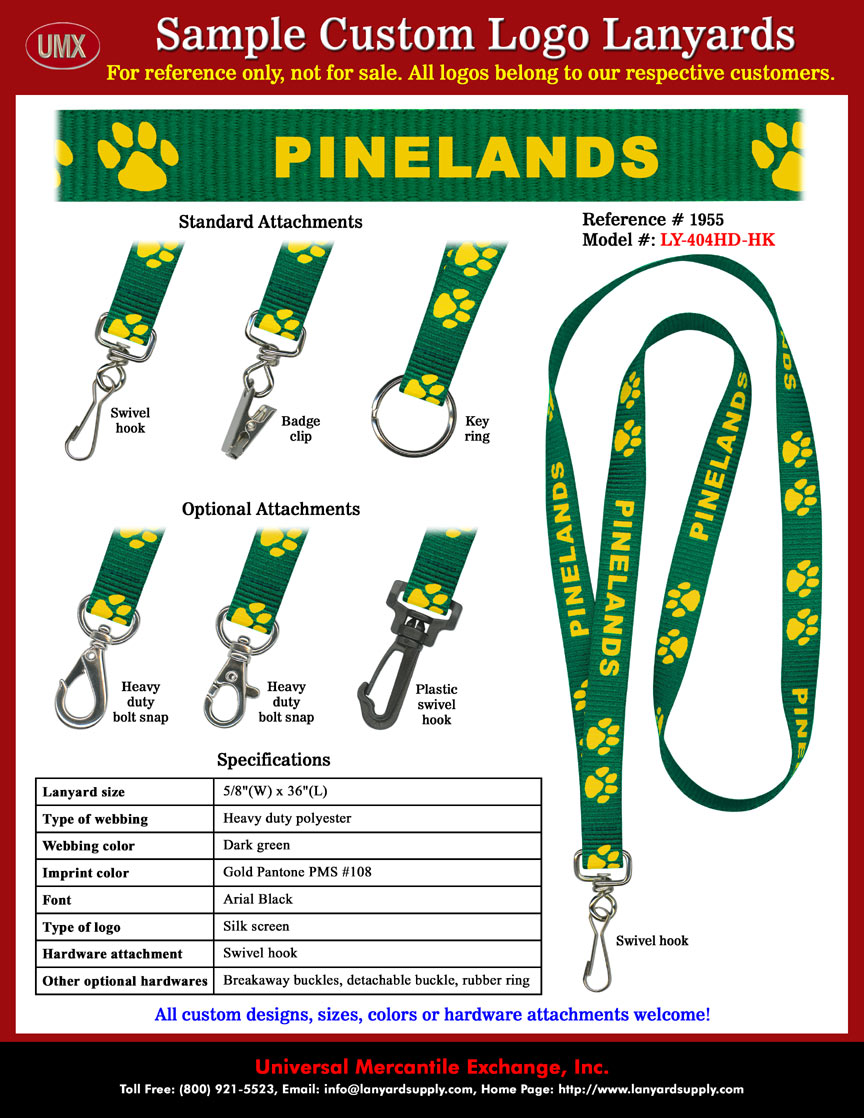 5/8" Custom Imprinted Lanyards: PINELANDS - Pinelands Regional School District Lanyards - Dark Green Lanyards with Gold Color Animal Paw Print Logos.