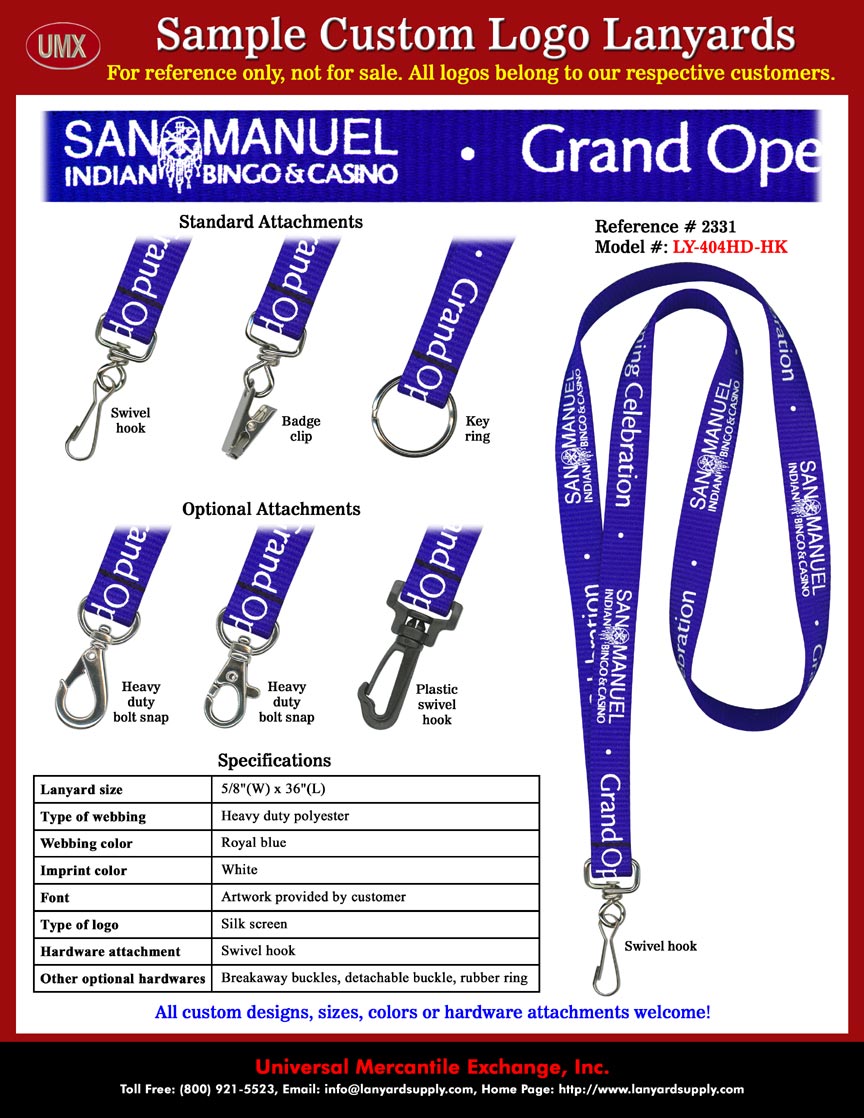 5/8" Custom Imprinted Lanyards: San Manuel Indian Bingo and Casino Lanyards - Grand Opening Celebration Lanyards.