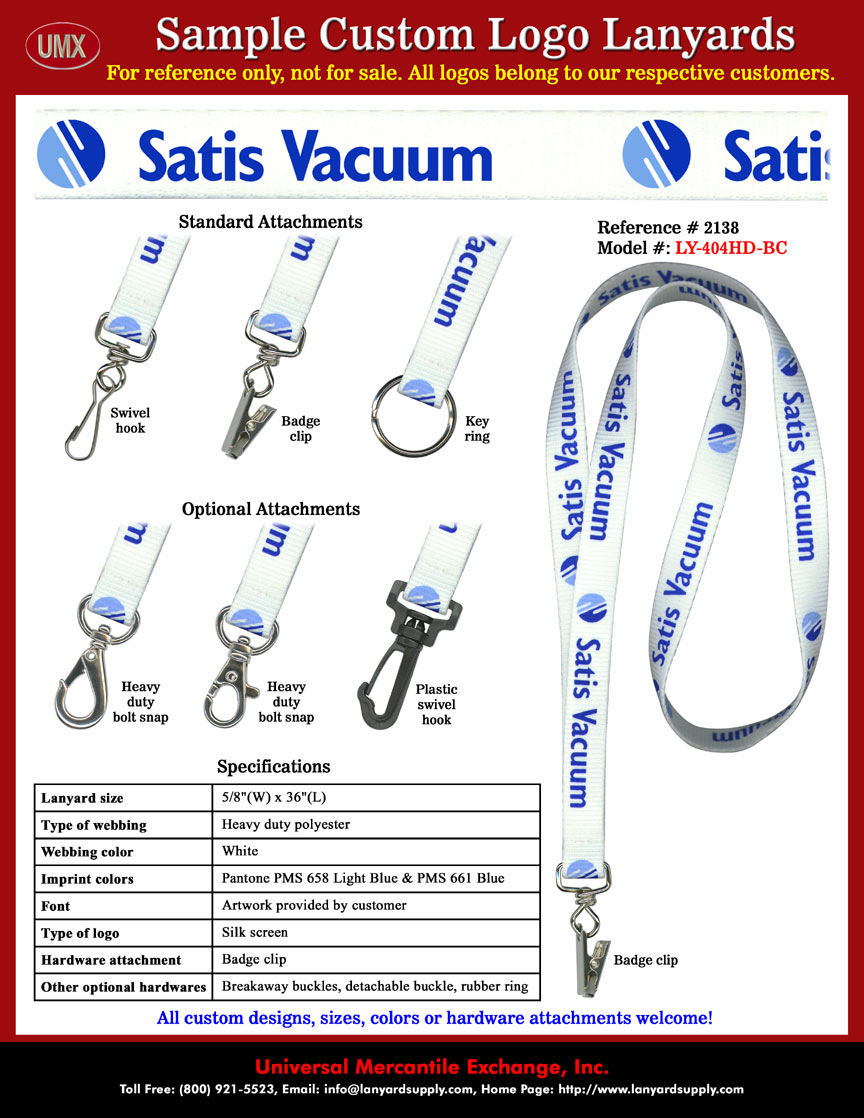 5/8" Satis Vacuum Corporation Lanyards For Product Promotion or Company Logo Imprinted Badge Holders.