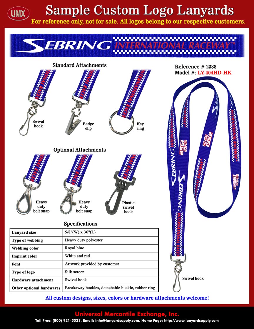 5/8" Custom Imprinted: Sebring International Raceway - Motorsports Car Racing Fans and Sponsors Lanyards.