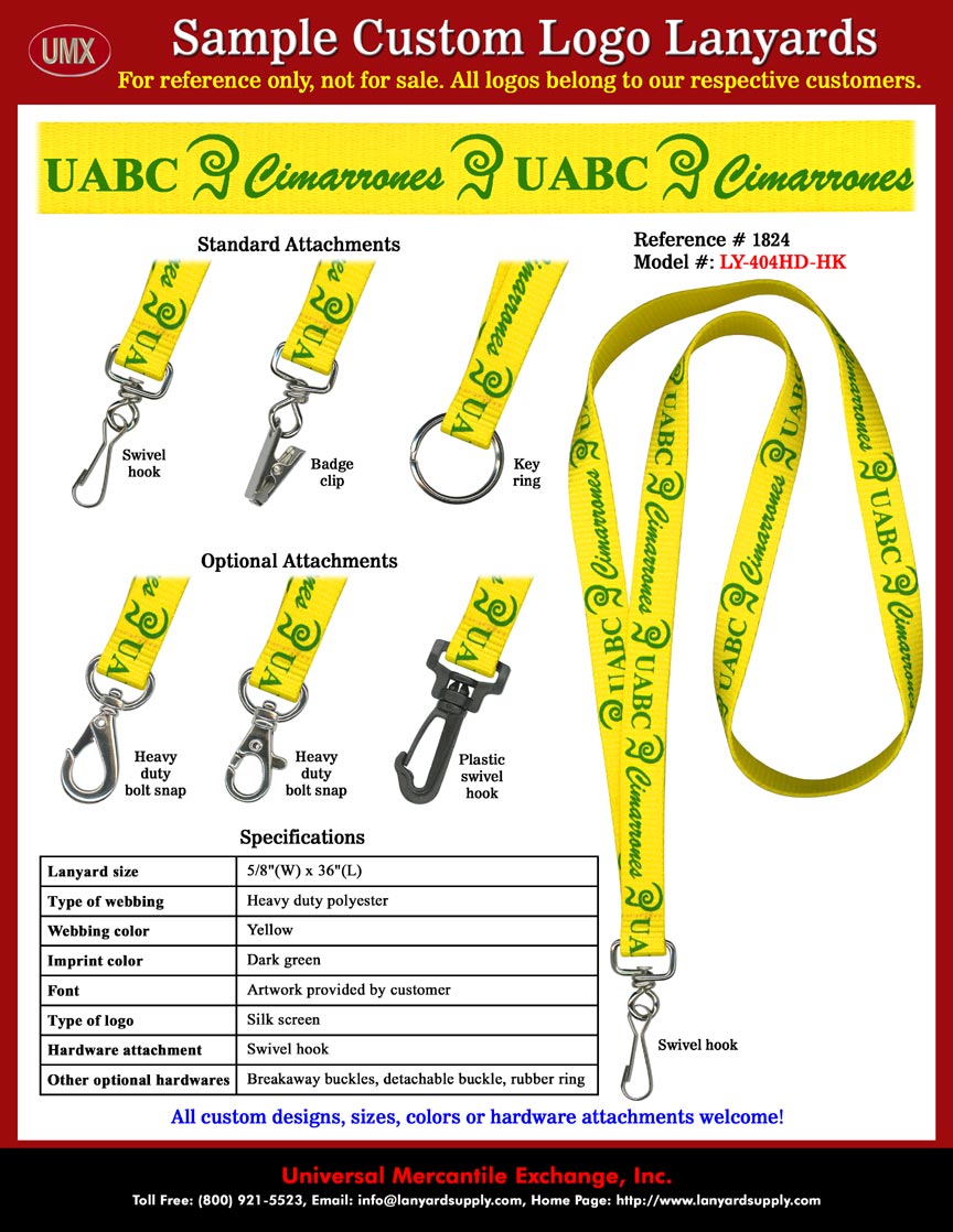 5/8" Custom Lanyards: University of Baja California (Mexico) UABC Cimarrones Lanyards - Yellow Lanyard Straps with Dark Green Color Logo Imprinted.